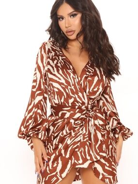 Fashion Nova Brown and White Zebra Wrap Long Sleeve Dress